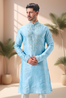 Sky blue art silk embroidery kurta pajama set 3