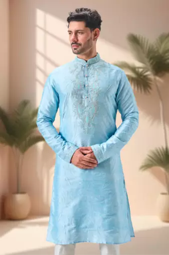Sky blue art silk embroidery kurta pajama set