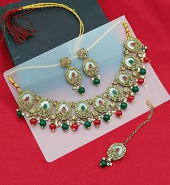 pearl necklace set with multicolor coral beads-traditional gold-plated indian jewelry set with earrings & maang tikka 1