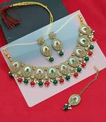 pearl necklace set with multicolor coral beads-traditional gold-plated indian jewelry set with earrings & maang tikka