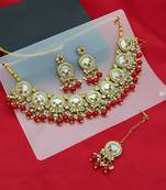 Elegant  pearl necklace set with red coral beads-traditional gold-plated indian jewelry set with earrings & maang tikka