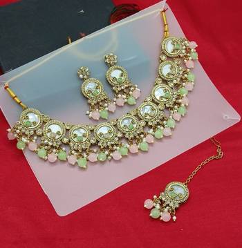 Pearl necklace set with multicolor coral beads-traditional gold-plated indian jewelry set with earrings & maang tikka 1