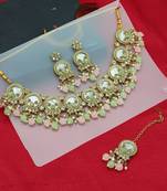Pearl necklace set with multicolor coral beads-traditional gold-plated indian jewelry set with earrings & maang tikka