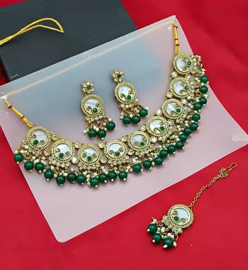 Elegant pearl necklace set with green coral beads-traditional gold-plated indian jewelry set with earrings & maang tikka 1