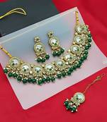 Elegant pearl necklace set with green coral beads-traditional gold-plated indian jewelry set with earrings & maang tikka