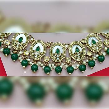 Elegant pearl necklace set with green coral beads-traditional gold-plated indian jewelry set with earrings & maang tikka 2