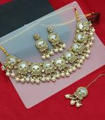 Elegant pearl necklace set with white coral beads-traditional gold-plated indian jewelry set with earrings & maang tikka