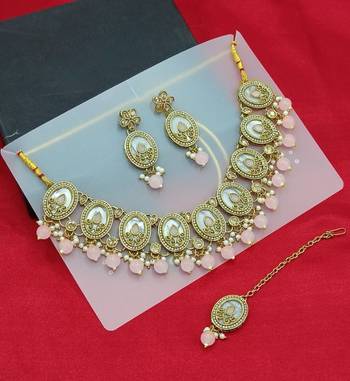 Elegant pearl necklace set with pink coral beads-traditional gold-plated indian jewelry set with earrings & maang tikka 1