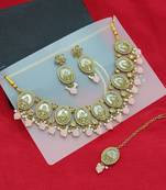 Elegant pearl necklace set with pink coral beads-traditional gold-plated indian jewelry set with earrings & maang tikka