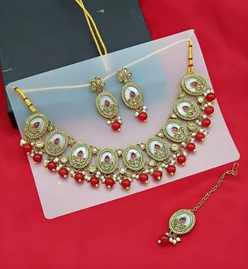 Elegant pearl necklace set with red coral beads-traditional gold-plated indian jewelry set with earrings & maang tikka 1