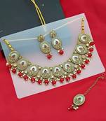 Elegant pearl necklace set with red coral beads-traditional gold-plated indian jewelry set with earrings & maang tikka