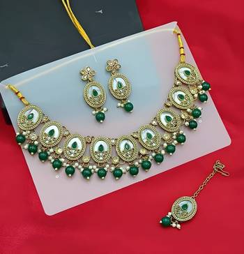 Elegant pearl necklace set with green coral beads-traditional gold-plated indian jewelry set with earrings & maang tikka 1