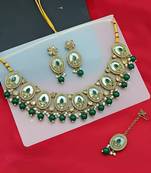 Elegant pearl necklace set with green coral beads-traditional gold-plated indian jewelry set with earrings & maang tikka