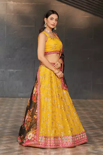  Yellow & Black Dori Zari Sequins And Thread Embroidered Georgette Indian Lehenga Choli Dress Designs