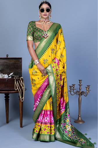 Patola print blend silk saree in yellow