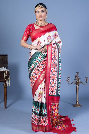 Blend silk patola print saree in white