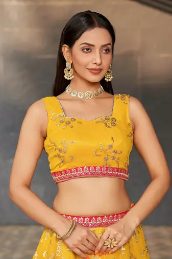  Yellow & Black Dori Zari Sequins And Thread Embroidered Georgette Indian Lehenga Choli Dress Designs