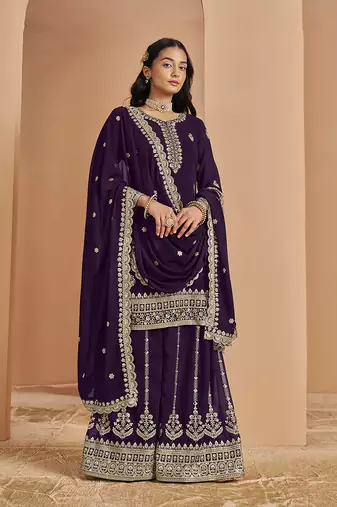 Faux georgette purple embroidered salwar suit