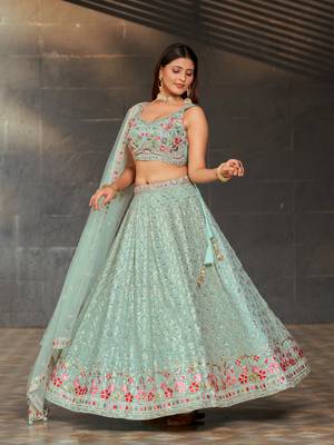 Seductive Sky-Blue Colored Dori Zari Sequins & Thread Embroidered Georgette Indian Wedding Lehenga Dress Design 6