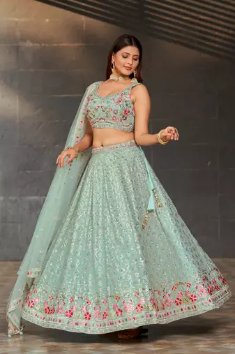 Seductive Sky-Blue Colored Dori Zari Sequins & Thread Embroidered Georgette Indian Wedding Lehenga Dress Design