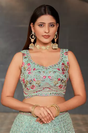 Seductive Sky-Blue Colored Dori Zari Sequins & Thread Embroidered Georgette Indian Wedding Lehenga Dress Design