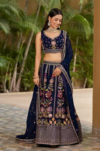  Navy Blue Dori Zari Sequins Embroidered Georgette Indian Bride Lehenga Choli Dress Designs