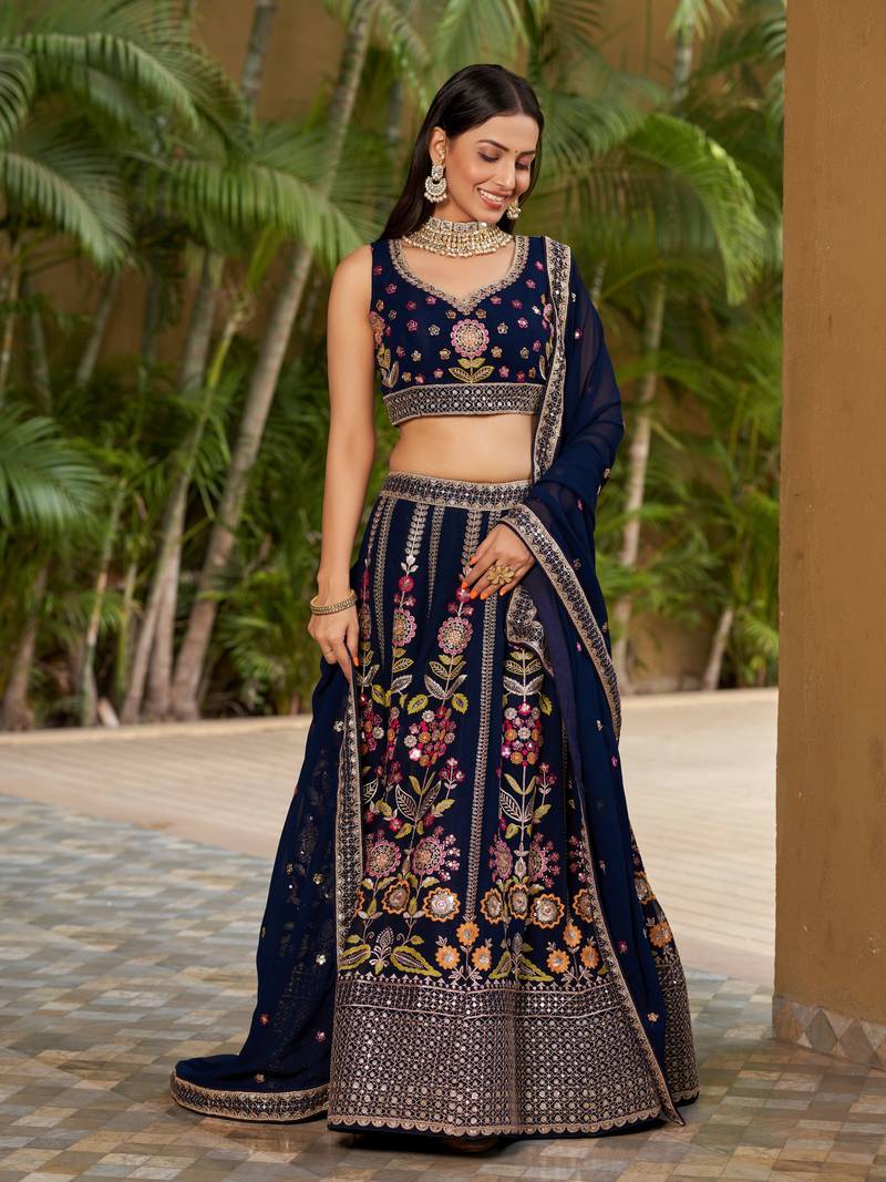  Navy Blue Dori Zari Sequins Embroidered Georgette Indian Bride Lehenga Choli Dress Designs