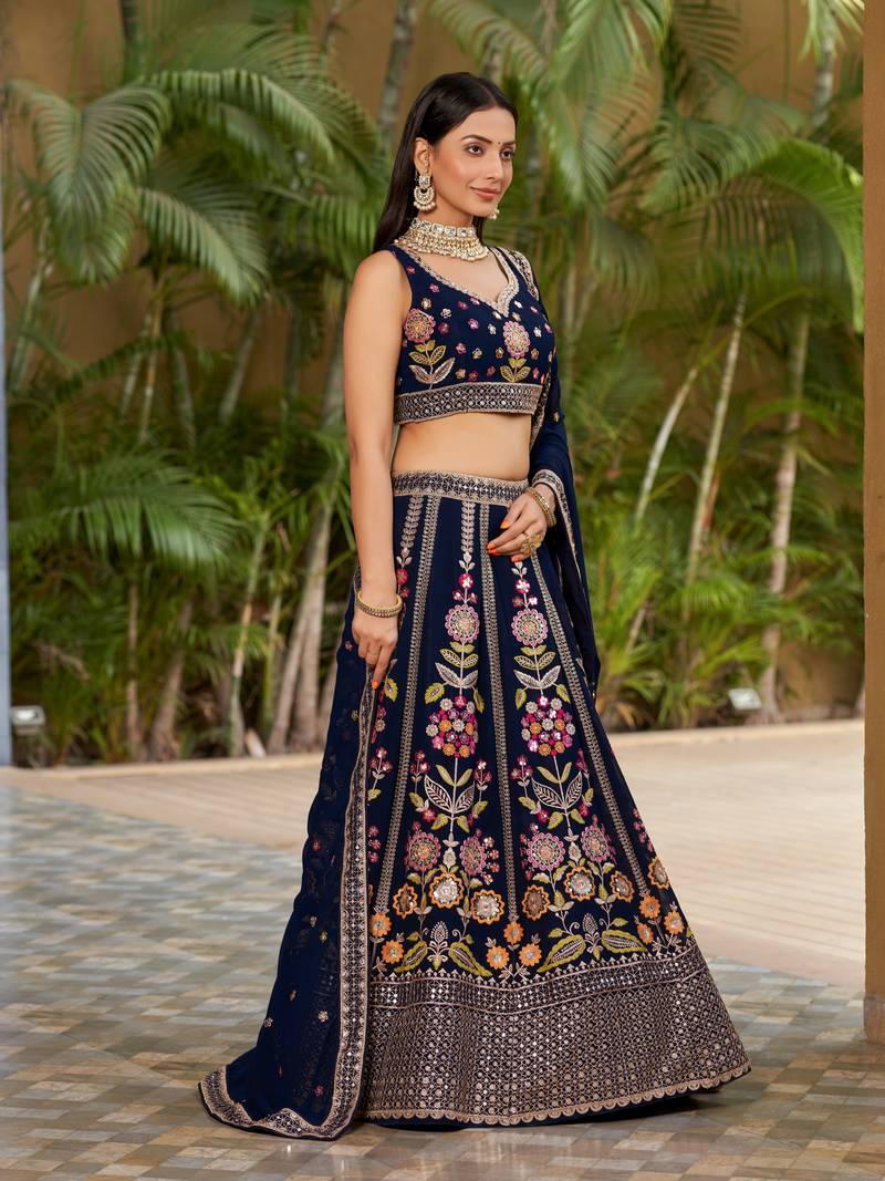  Navy Blue Dori Zari Sequins Embroidered Georgette Indian Bride Lehenga Choli Dress Designs
