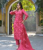 Women red cotton blend floral printed straight kurta trousers with dupatta