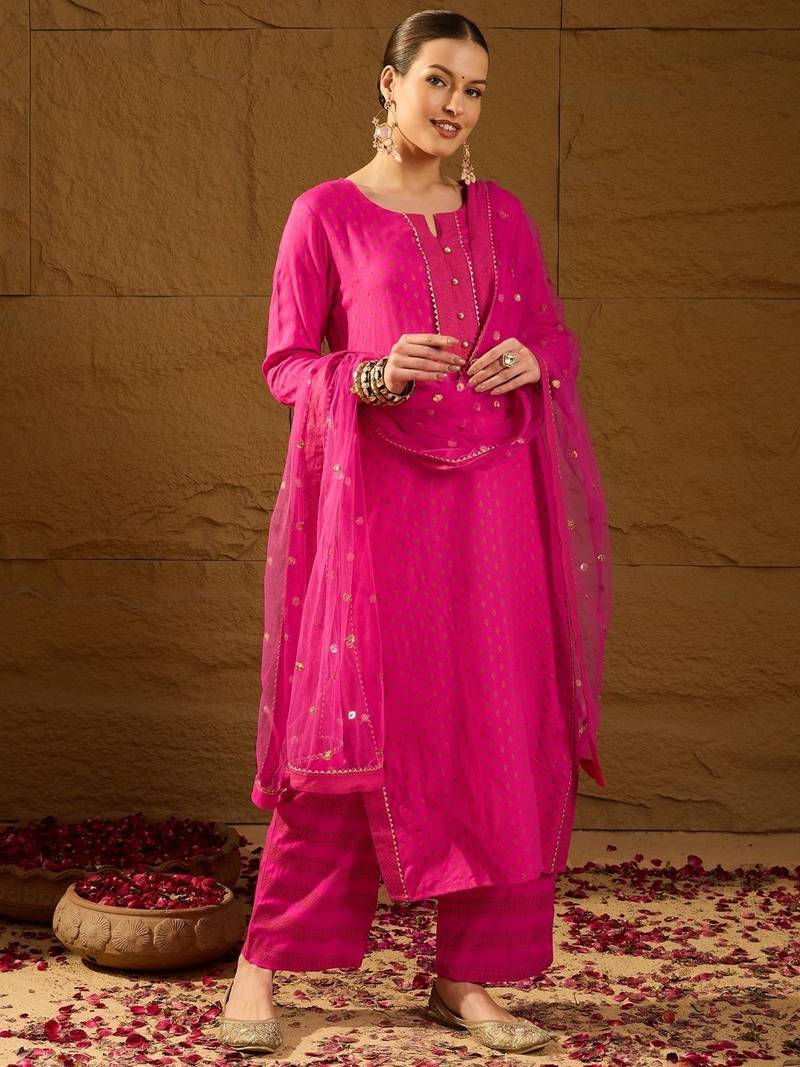 Women pink viscose rayon ethnic motifs printed straight kurta palazzos with dupatta
