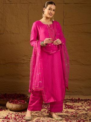 Women pink viscose rayon ethnic motifs printed straight kurta palazzos with dupatta 1