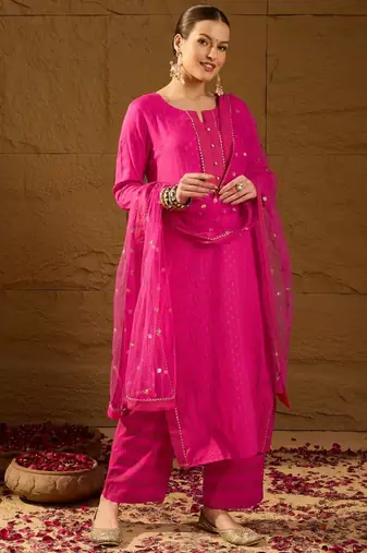 Women pink viscose rayon ethnic motifs printed straight kurta palazzos with dupatta