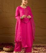 Women pink viscose rayon ethnic motifs printed straight kurta palazzos with dupatta