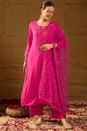 Women pink viscose rayon ethnic motifs printed straight kurta palazzos with dupatta