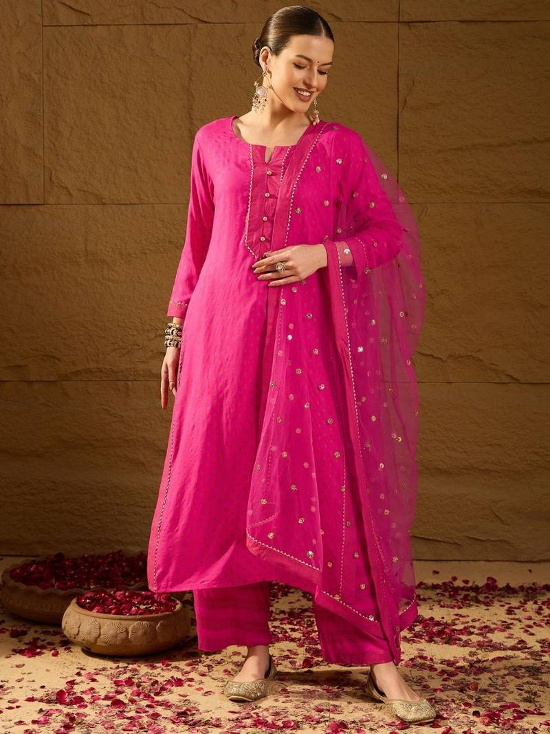 Women pink viscose rayon ethnic motifs printed straight kurta palazzos with dupatta