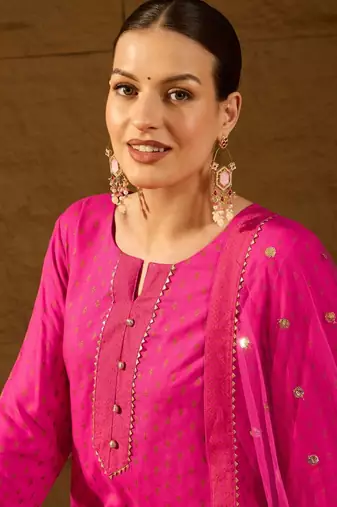 Women pink viscose rayon ethnic motifs printed straight kurta palazzos with dupatta