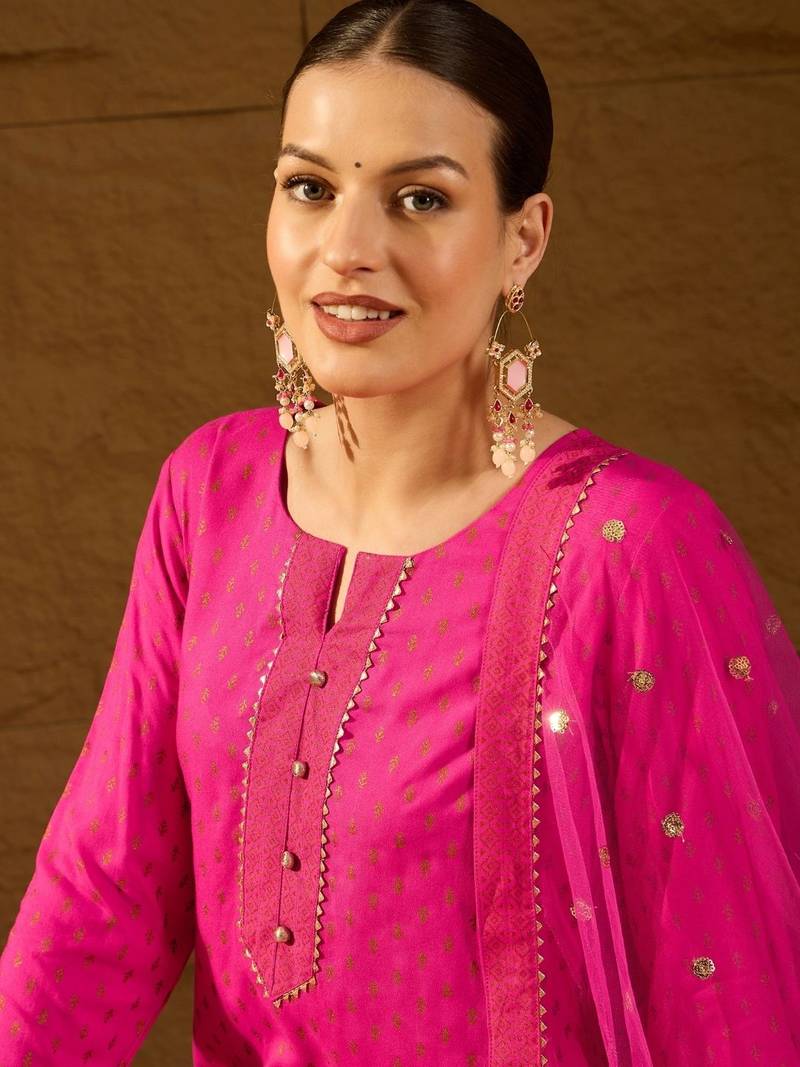 Women pink viscose rayon ethnic motifs printed straight kurta palazzos with dupatta