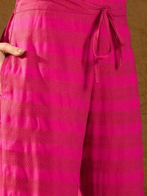 Women pink viscose rayon ethnic motifs printed straight kurta palazzos with dupatta 4
