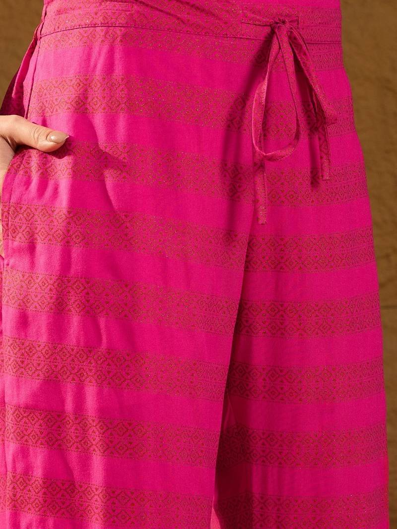 Women pink viscose rayon ethnic motifs printed straight kurta palazzos with dupatta
