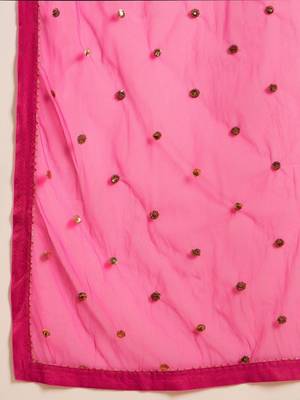 Women pink viscose rayon ethnic motifs printed straight kurta palazzos with dupatta 5