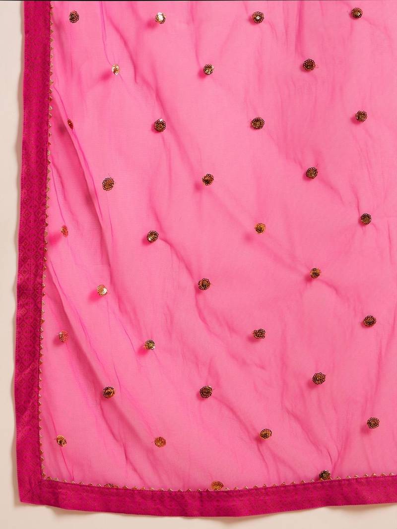 Women pink viscose rayon ethnic motifs printed straight kurta palazzos with dupatta