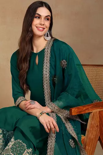 Women teal silk blend solid straight festive kurta palazzos with dupatta