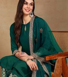 Women teal silk blend solid straight festive kurta palazzos with dupatta