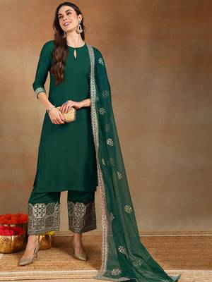 Women teal silk blend solid straight festive kurta palazzos with dupatta 1