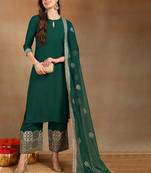 Women teal silk blend solid straight festive kurta palazzos with dupatta