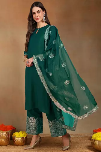 Women teal silk blend solid straight festive kurta palazzos with dupatta
