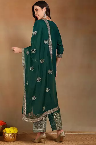 Women teal silk blend solid straight festive kurta palazzos with dupatta