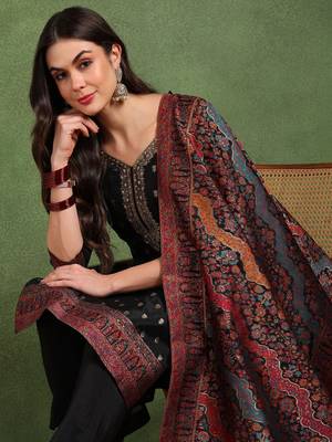 Women black silk blend solid woven design straight kurta trousers with dupatta 1