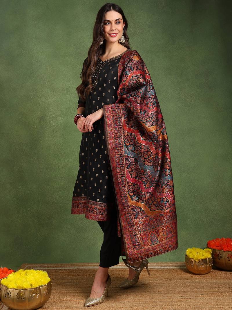Women black silk blend solid woven design straight kurta trousers with dupatta
