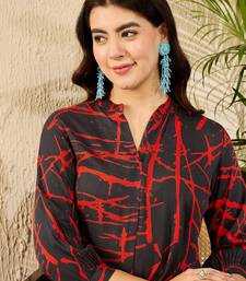 Women black viscose rayon abstract printed regular top